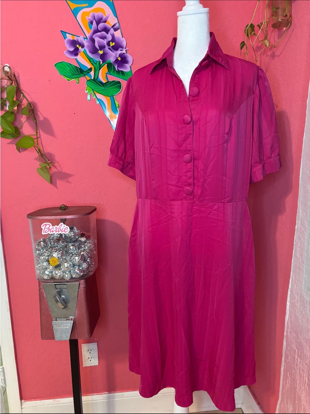Vintage Magenta Button-Front Women’s Dress
